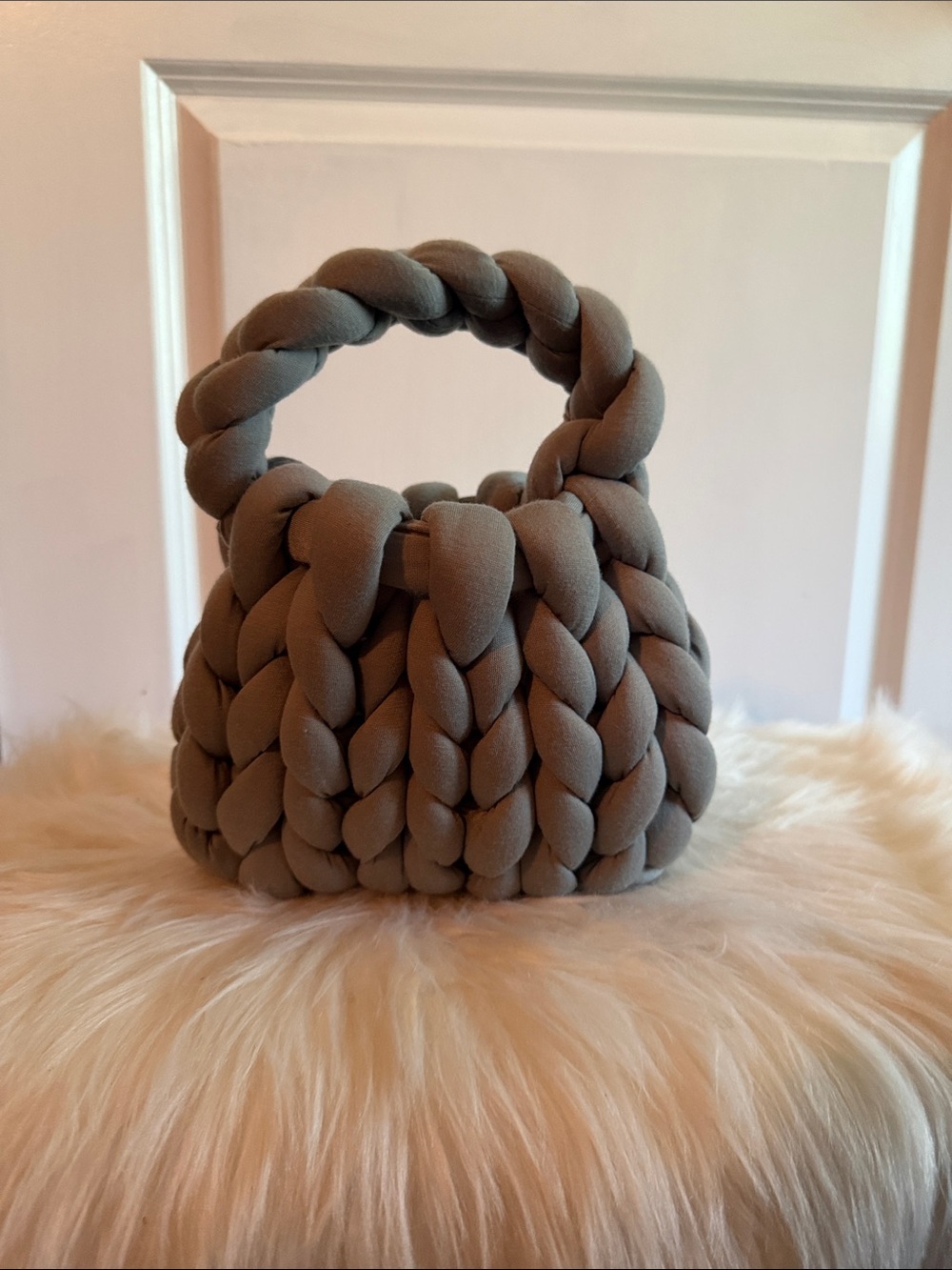 Chunky Knit Taupe Handbag - Women's Fashion Tote